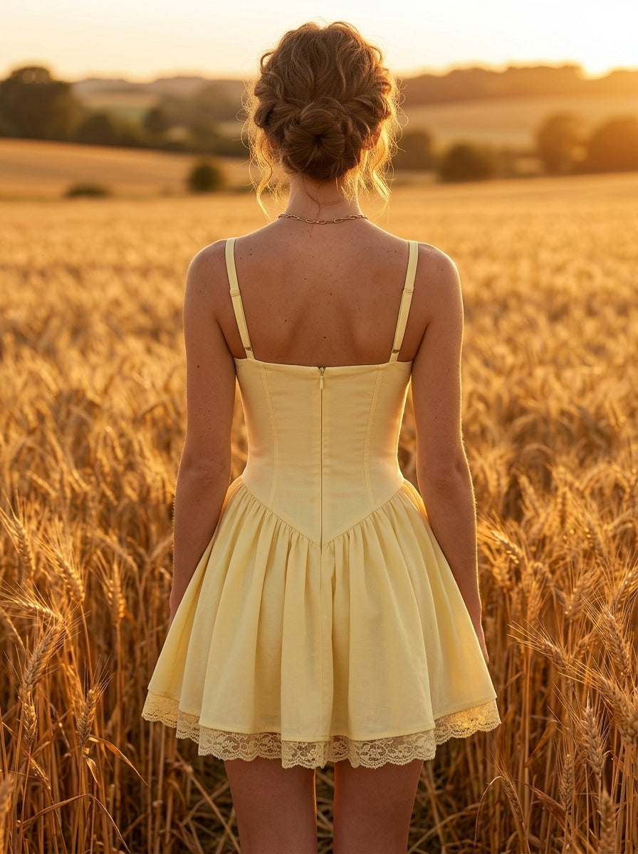 Yellow Charming A-Line Sweetheart Corset Trim Ruffled Pastel Mini Homecoming Dress