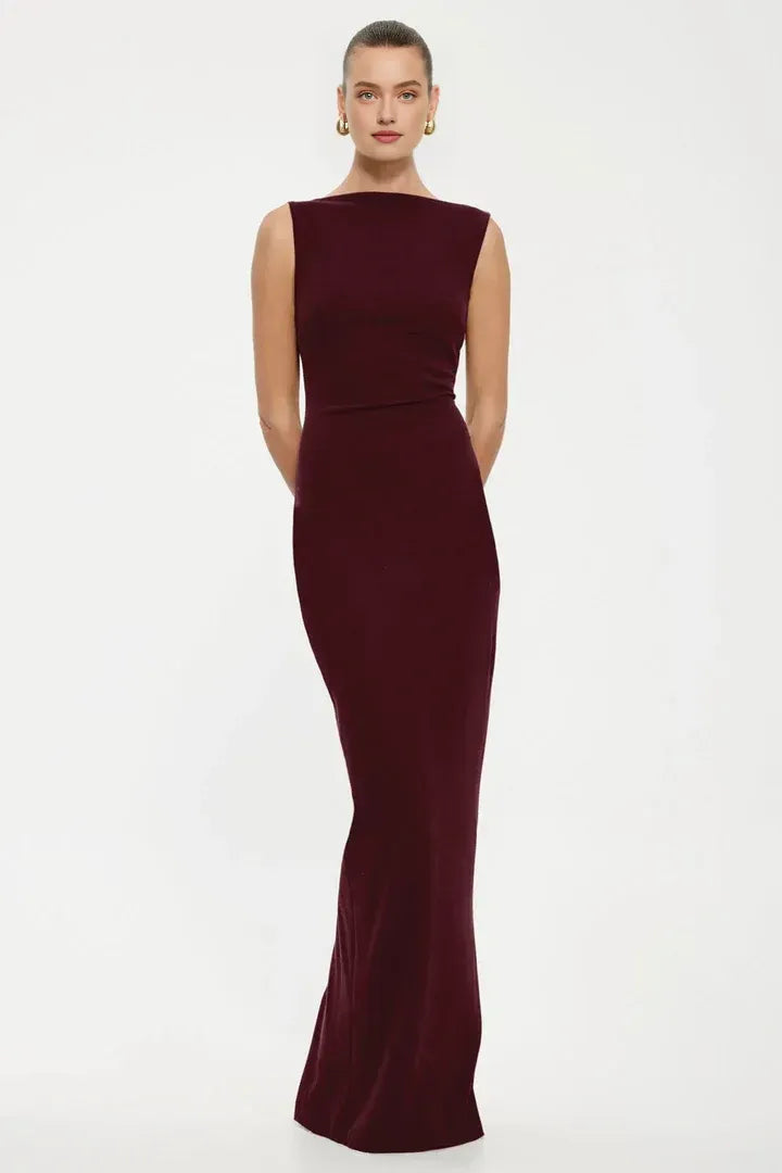 Charming Sheath/Column Boat Neck Sleeveless Backless Floor-Length Prom Dress