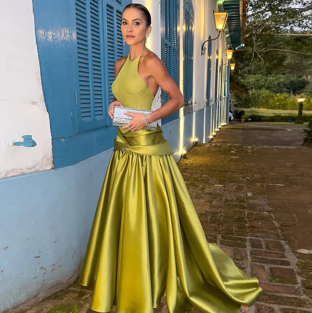 Chartreuse Halter Open Back Ball Gown Formal Evening Dress