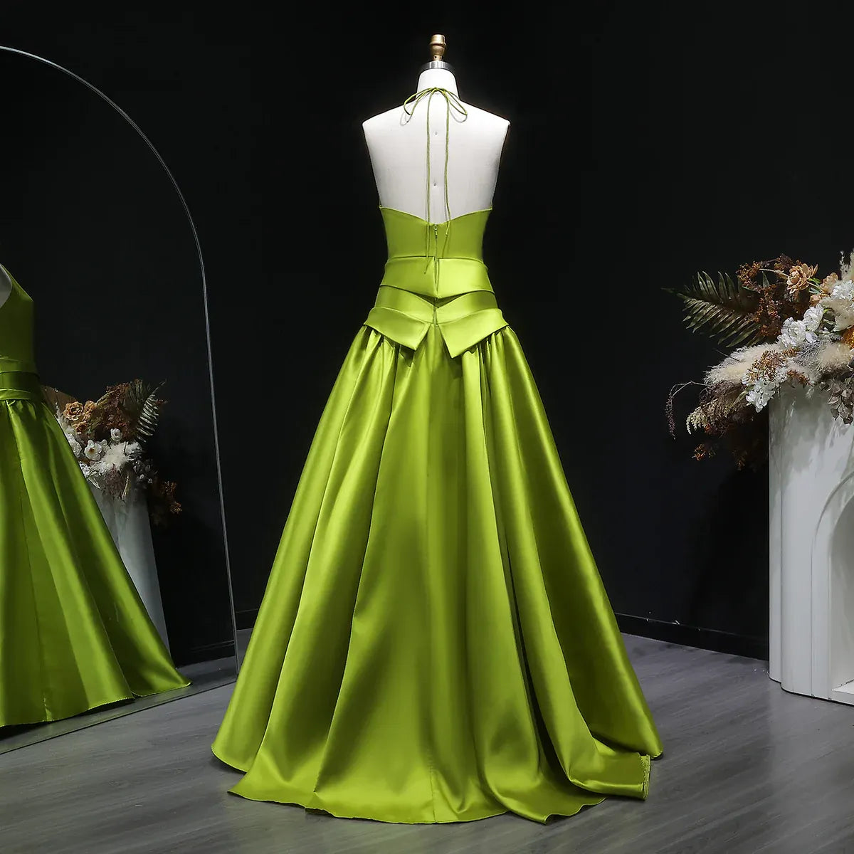 Chartreuse Halter Open Back Ball Gown Formal Evening Dress