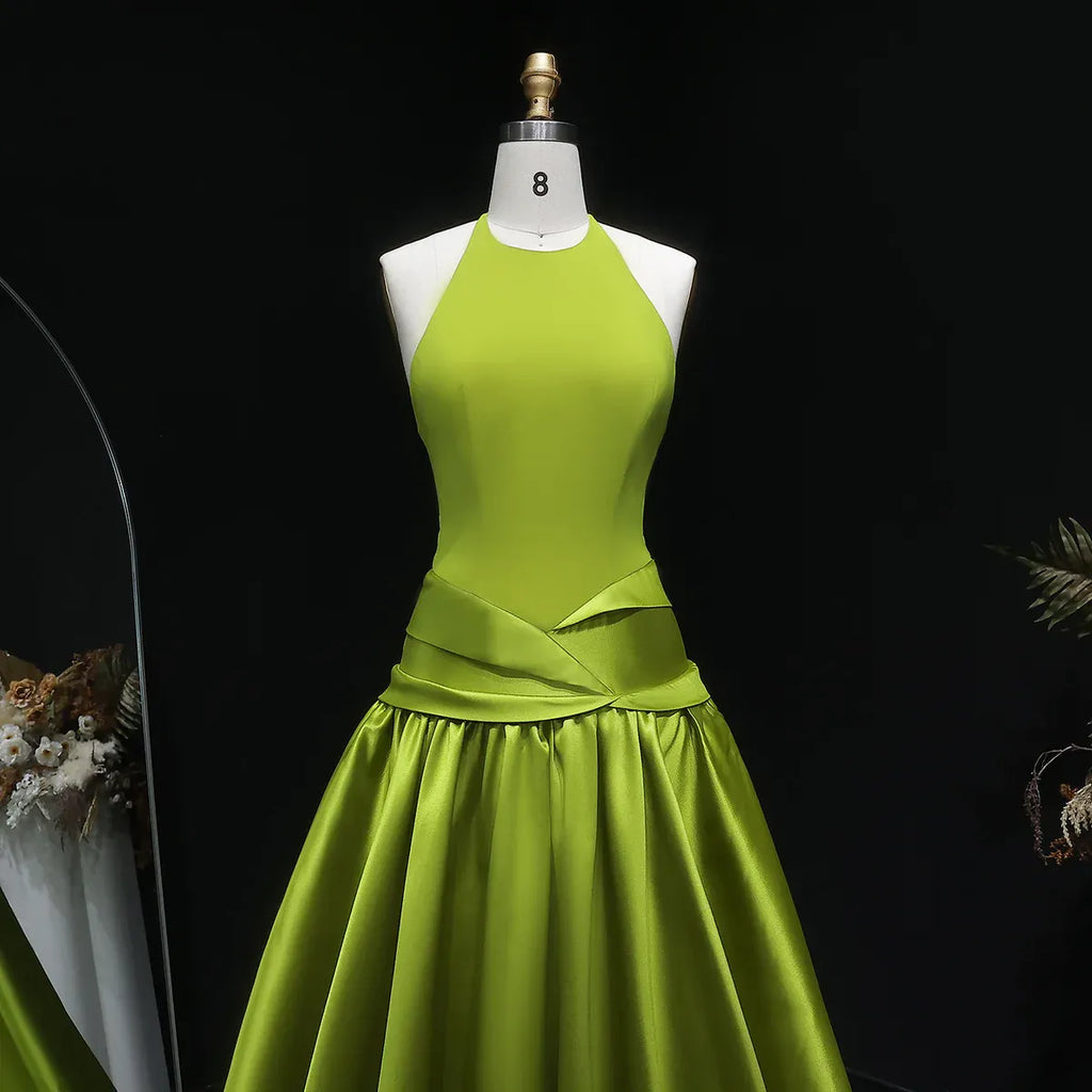 Chartreuse Halter Open Back Ball Gown Formal Evening Dress