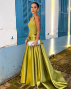 Chartreuse Halter Open Back Ball Gown Formal Evening Dress