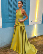 Chartreuse Halter Open Back Ball Gown Formal Evening Dress