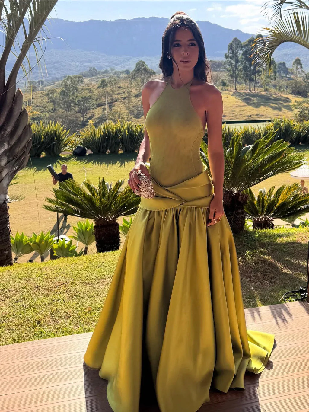 Chartreuse Halter Open Back Ball Gown Formal Evening Dress