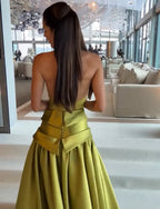 Chartreuse Halter Open Back Ball Gown Formal Evening Dress