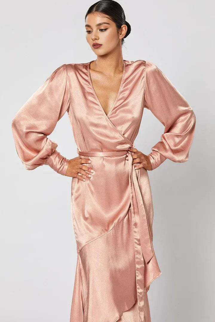 Cheap Fitted V Neck Long Sleeve Ankle-Length Prom Dress
