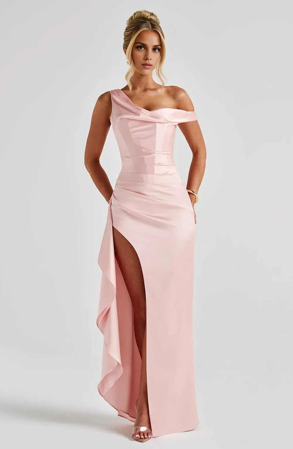 Cheap Sheath/Column Asymmetrical Neck Sleeveless Side Slit Floor-Length Prom Dress