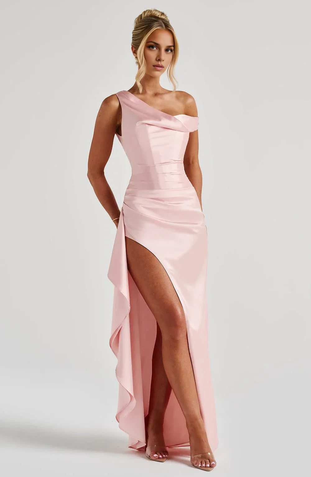 Cheap Sheath/Column Asymmetrical Neck Sleeveless Side Slit Floor-Length Prom Dress