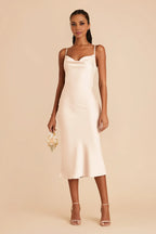 Cheap Sheath/Column Cowl Neck Sleeveless Satin Midi Bridesmaid Dress