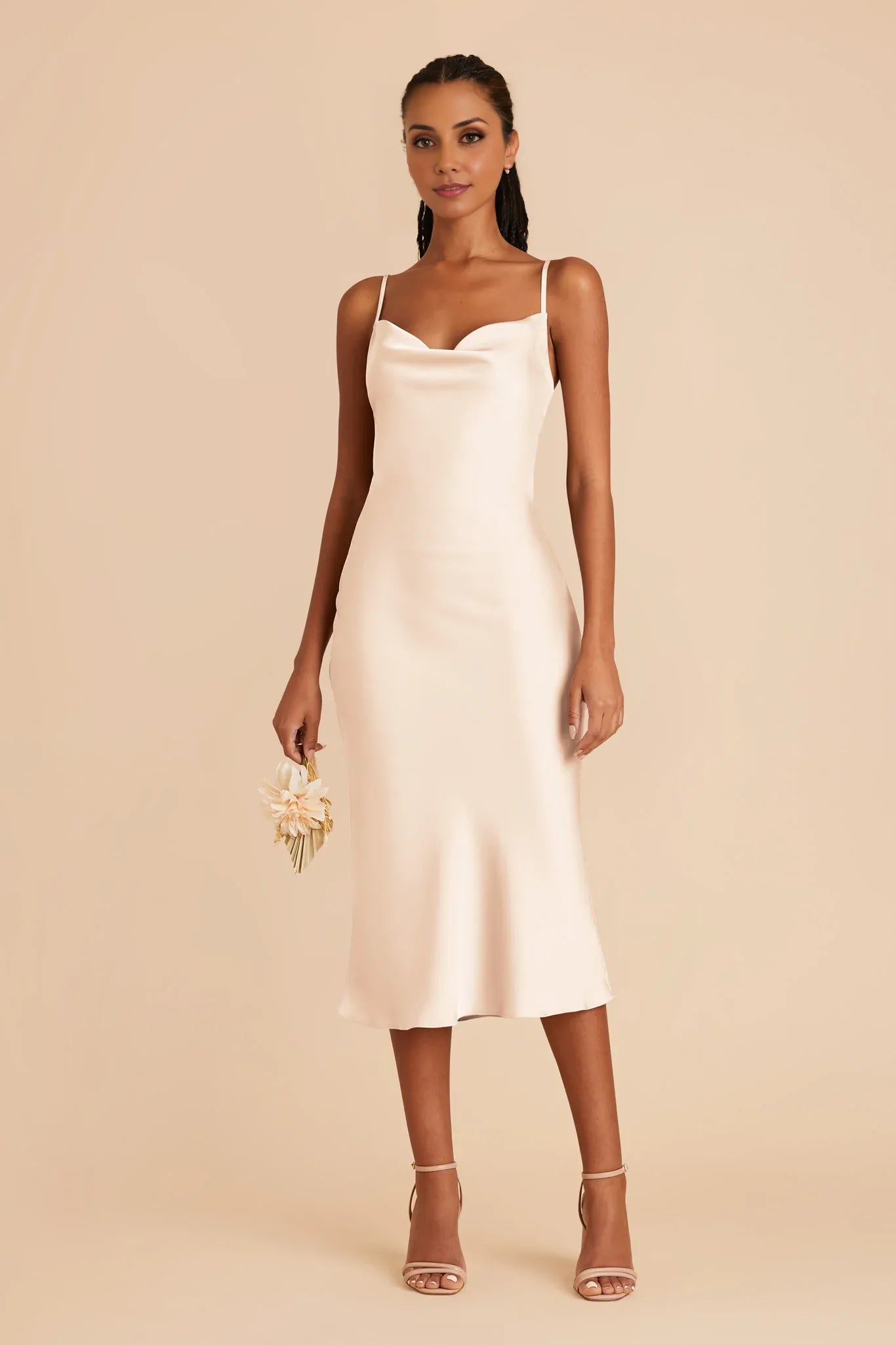 Cheap Sheath/Column Cowl Neck Sleeveless Satin Midi Bridesmaid Dress
