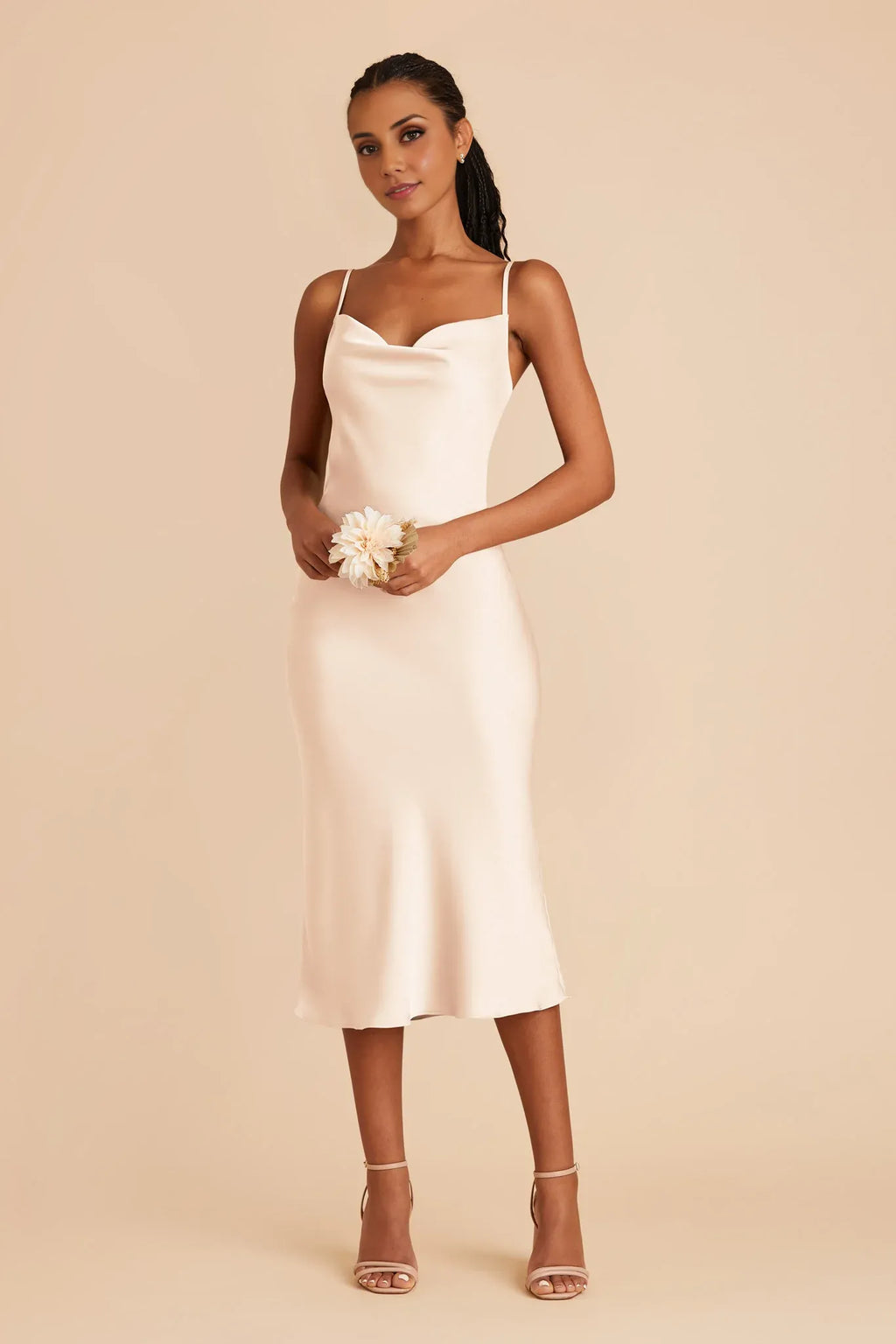 Cheap Sheath/Column Cowl Neck Sleeveless Satin Midi Bridesmaid Dress