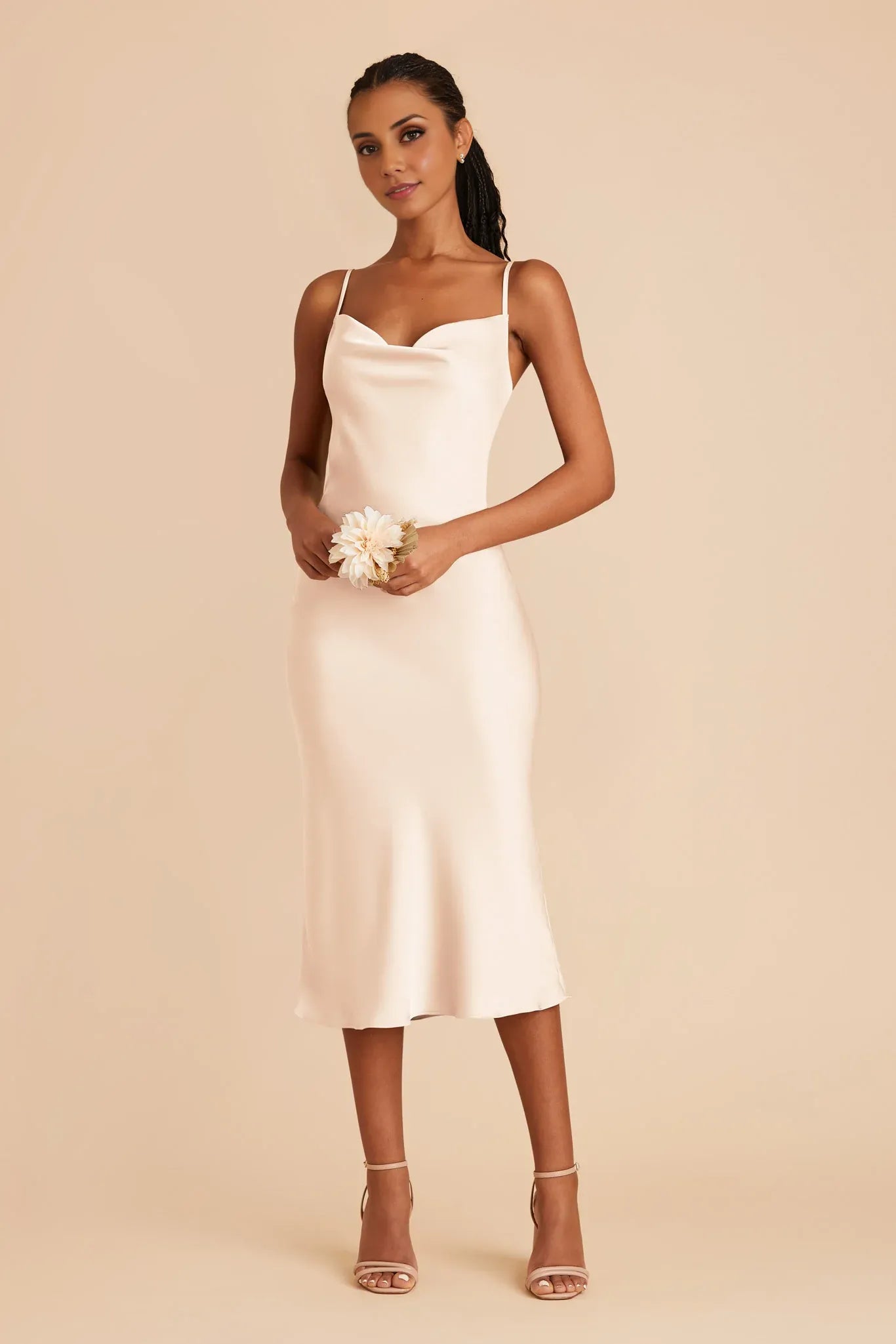 Cheap Sheath/Column Cowl Neck Sleeveless Satin Midi Bridesmaid Dress