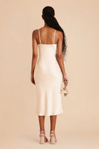 Cheap Sheath/Column Cowl Neck Sleeveless Satin Midi Bridesmaid Dress