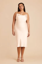 Cheap Sheath/Column Cowl Neck Sleeveless Satin Midi Bridesmaid Dress