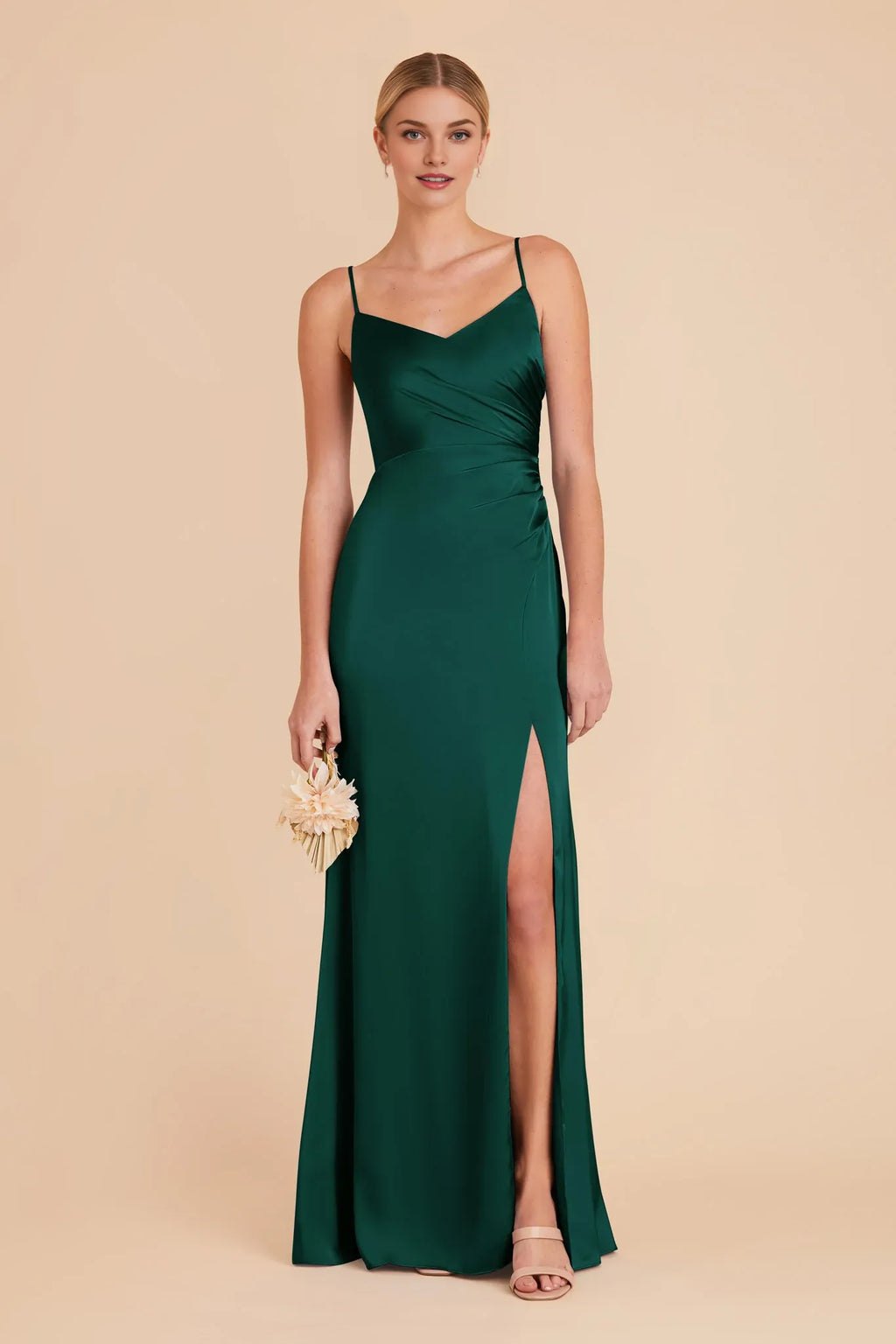 Cheap Sheath/Column V Neck Sleeveless Satin Pleated Maxi Bridesmaid Dress