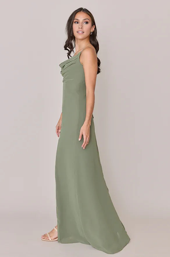 Cheap Fitted A-line Cowl Neck Sleeveless Solid Color Ankle-Length Bridesmaid Dress