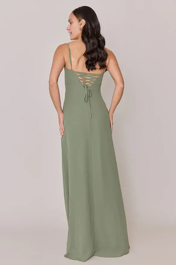 Cheap Fitted A-line Cowl Neck Sleeveless Solid Color Ankle-Length Bridesmaid Dress