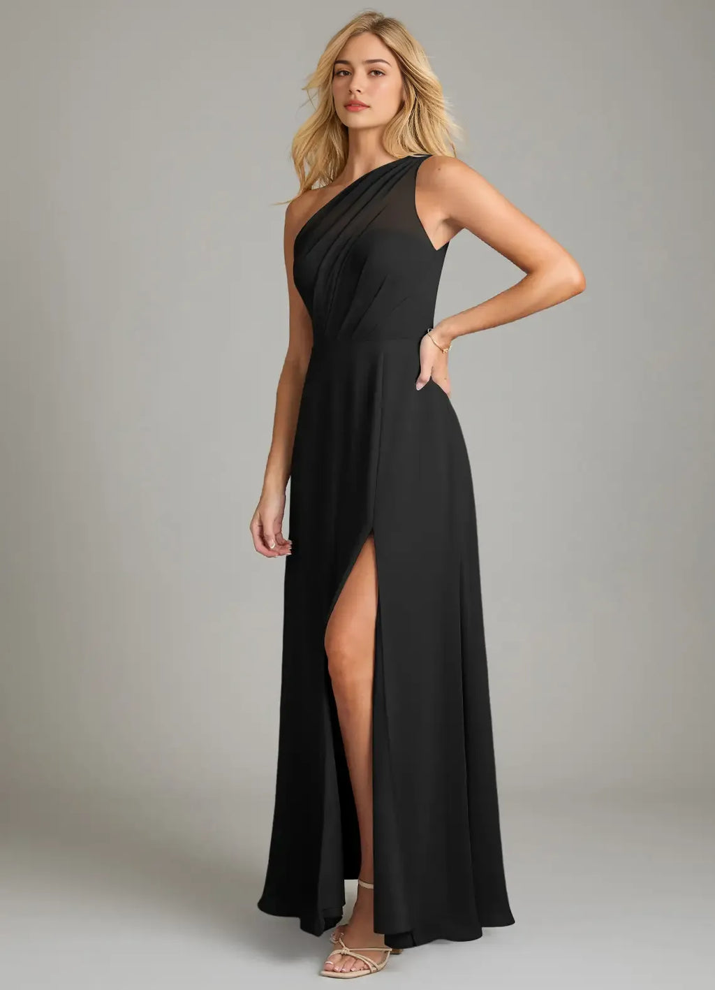 Chic A-Line Chiffon One Shoulder Sleeveless Sheer Back Floor Length Bridesmaid Dress