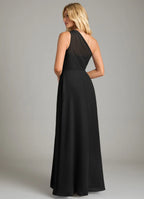 Chic A-Line Chiffon One Shoulder Sleeveless Sheer Back Floor Length Bridesmaid Dress