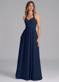 Chic A-Line Chiffon Sweetheart Halter Open Back Floor Length Bridesmaid Dress