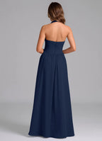 Chic A-Line Chiffon Sweetheart Halter Open Back Floor Length Bridesmaid Dress