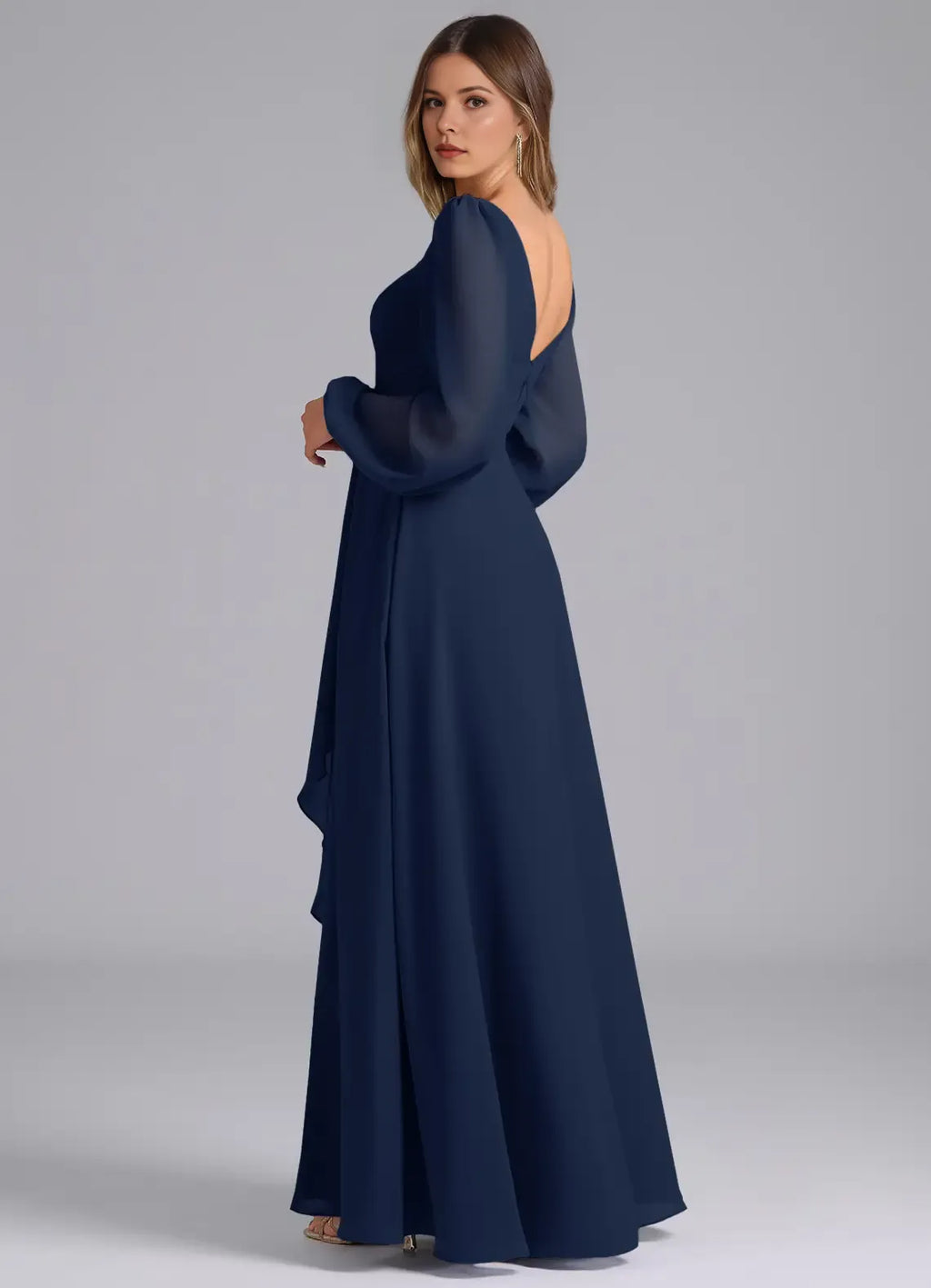 Chic A-Line Chiffon V Neck Puff Sleeve Open Back Floor Length Bridesmaid Dress