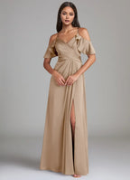 Chic A-Line Cold Shoulder Ruffle Sleeve Keyhole Back Floor Length Bridesmaid Dress