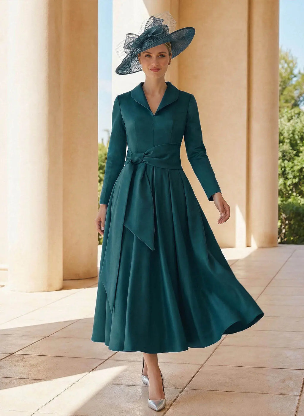 Teal A-Line Colla V-Neck Long Sleeve Teal Midi Mother of the Bride Dress with Waist Sash
