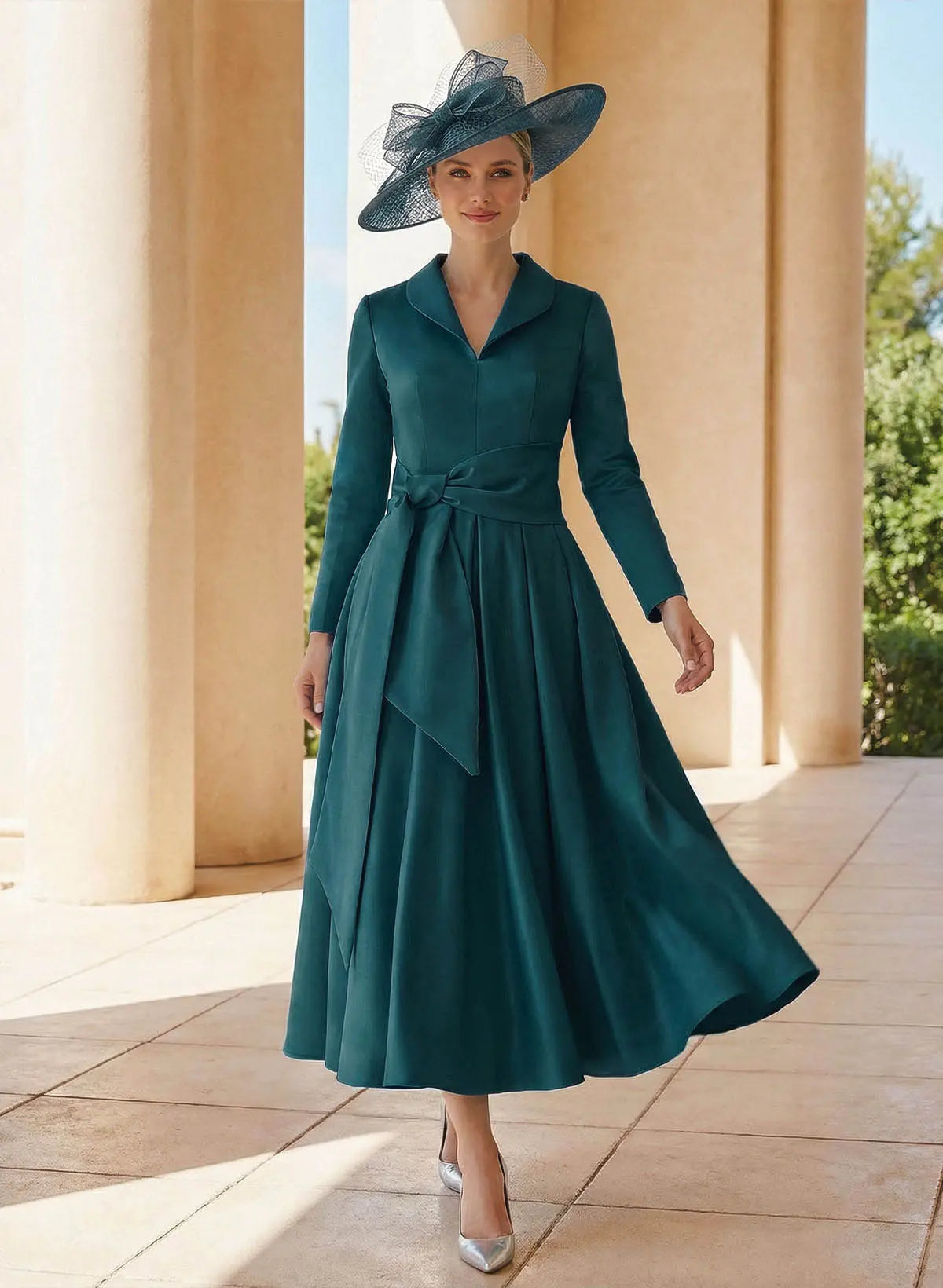 Teal A-Line Colla V-Neck Long Sleeve Teal Midi Mother of the Bride Dress with Waist Sash