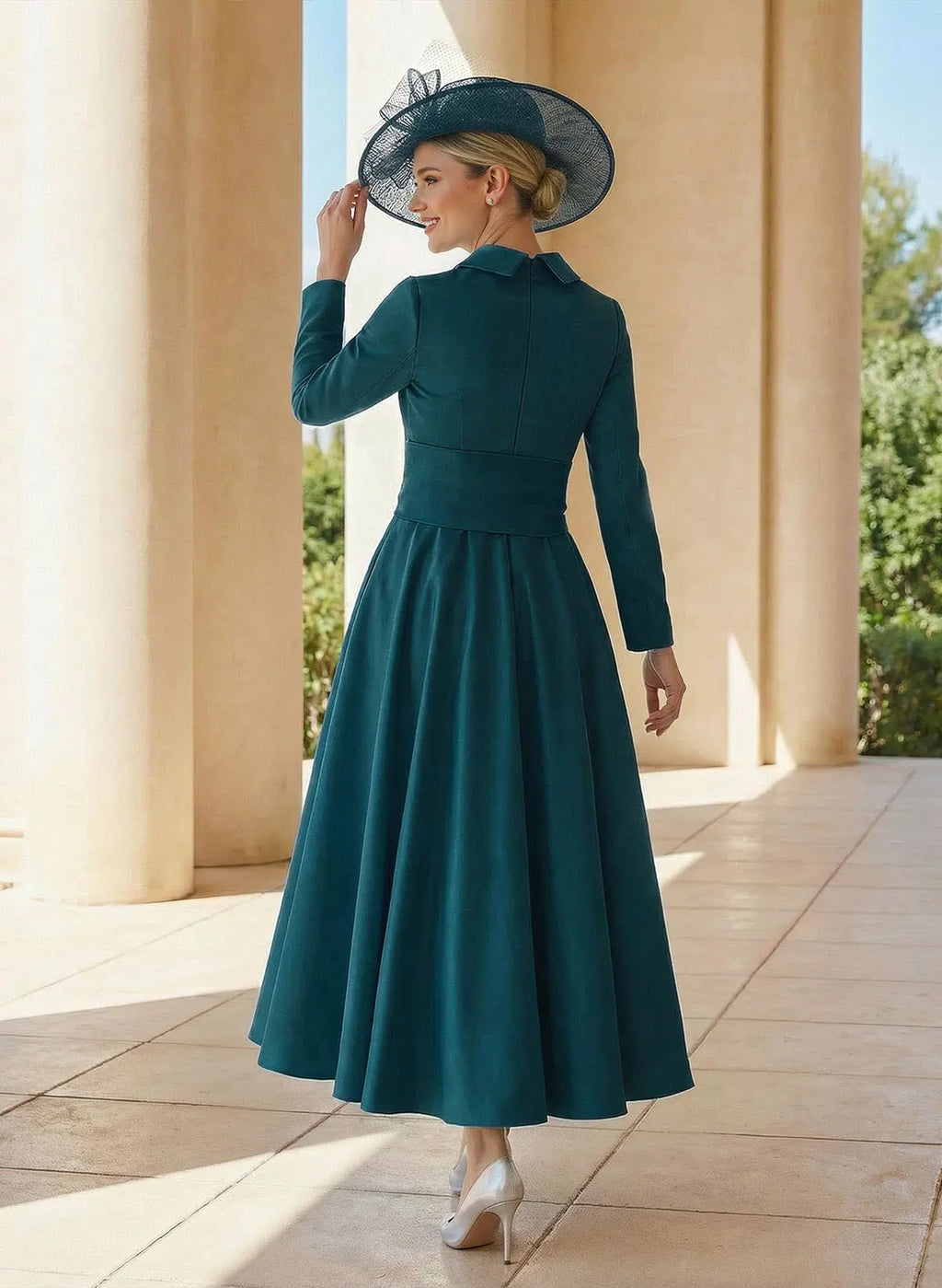 Teal A-Line Colla V-Neck Long Sleeve Teal Midi Mother of the Bride Dress with Waist Sash