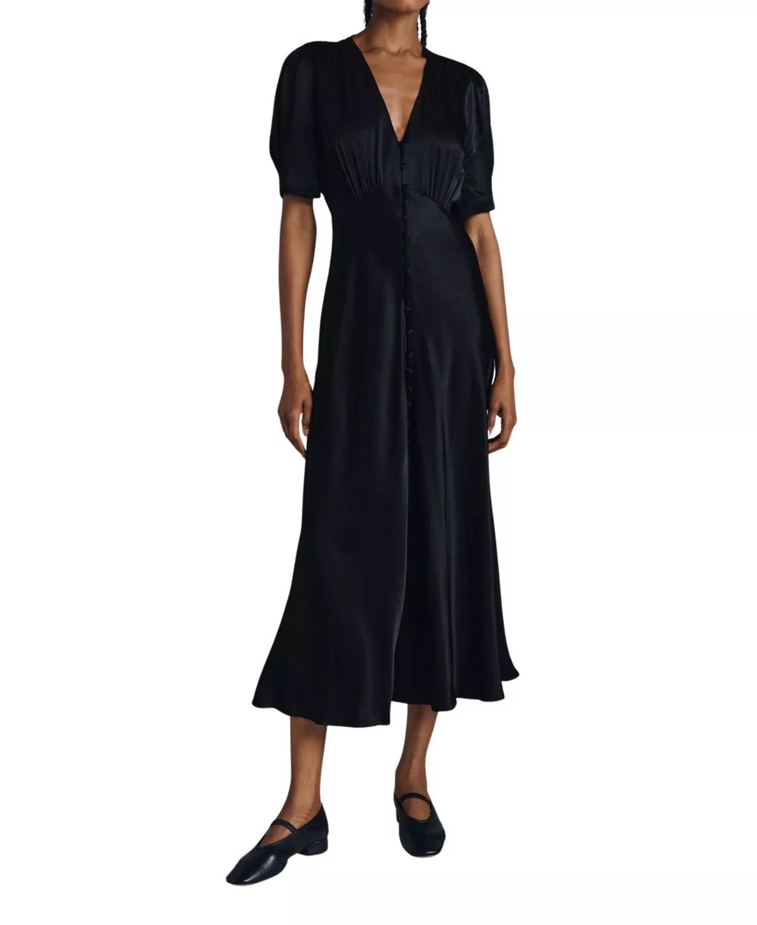 Chic A Line Deep V Neck Puff Sleeve Button Front Floor Length For Ladies Prom Dress