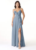 Chic A-Line Deep V Neck Ruffle Sleeveless Cross Back Floor Length Bridesmaid Dress