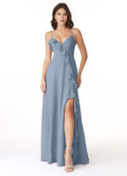 Chic A-Line Deep V Neck Ruffle Sleeveless Cross Back Floor Length Bridesmaid Dress