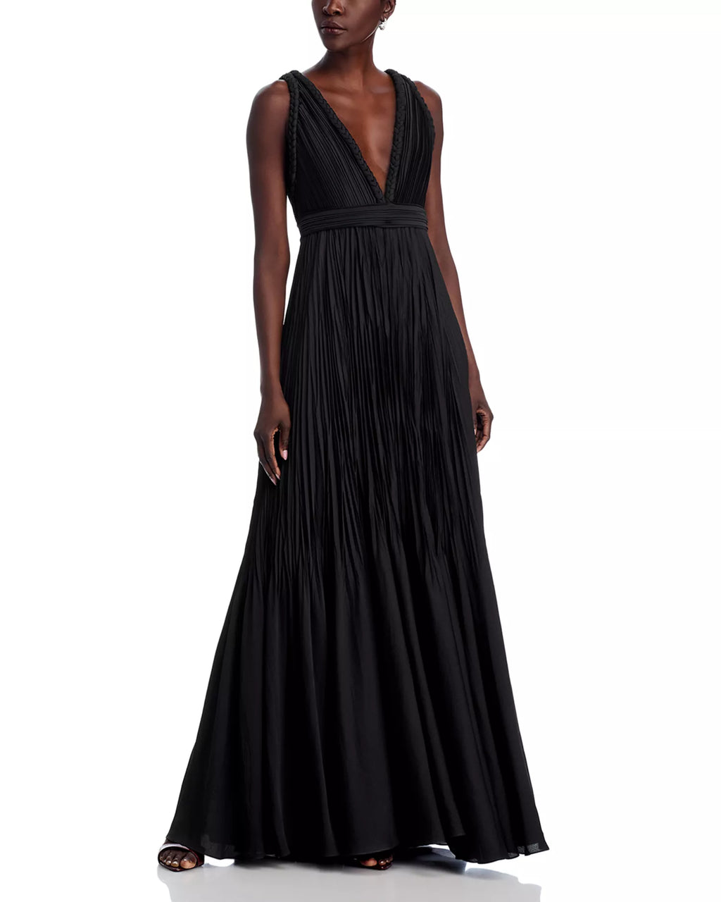 Chic A Line Deep V Neck Sleeveless Braided Back Pleated Floor Length Hot Sale Prom Dress