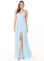 Chic A-Line Deep V Neck Sleeveless Lace Up Back Floor Length Bridesmaid Dress