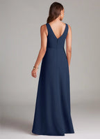 Chic A-Line Deep V Neck Sleeveless V Back Floor Length Bridesmaid Dress