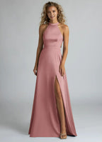 Chic A-Line Halter Neck Sleeveless Crisscross Back Floor Length Bridesmaid Dress