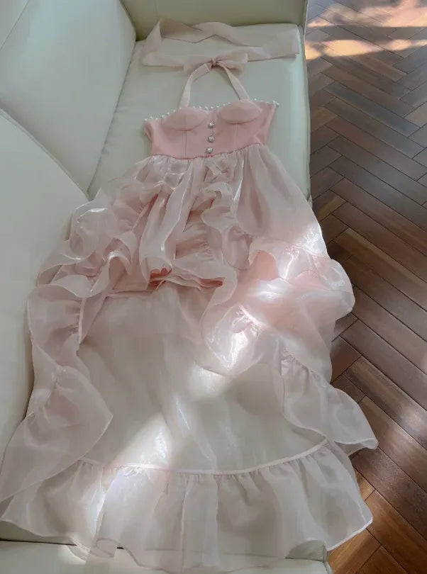 A-Line Halter Neck Sleeveless High Low Prom Dress