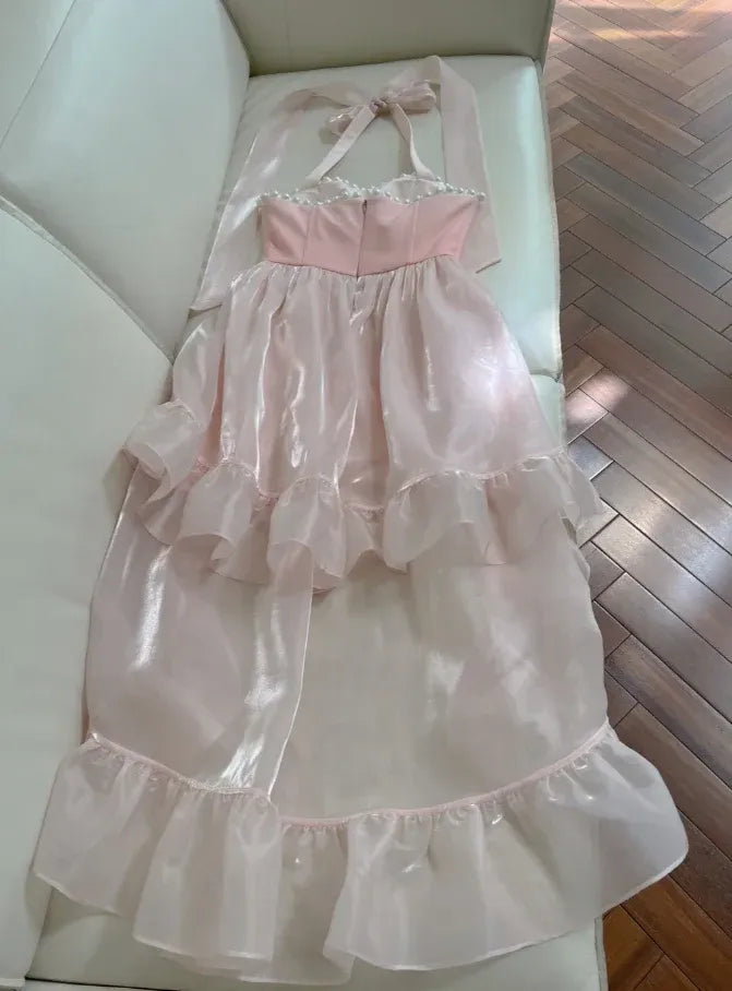 A-Line Halter Neck Sleeveless High Low Prom Dress