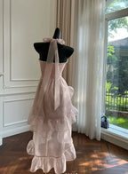 A-Line Halter Neck Sleeveless High Low Prom Dress