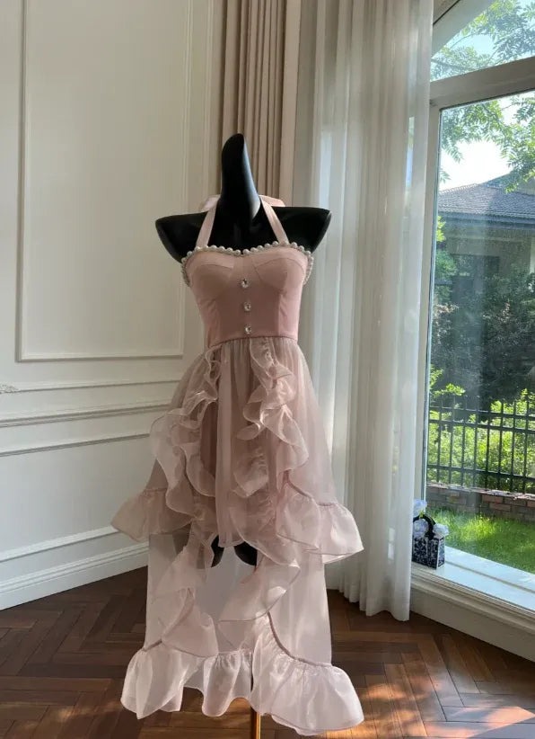 A-Line Halter Neck Sleeveless High Low Prom Dress