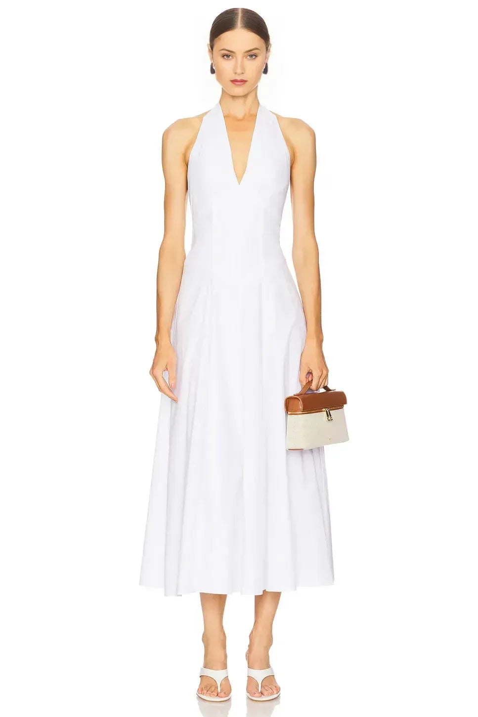 Chic A Line Halter Neck Sleeveless Tie Back Midi Length Evening Dress