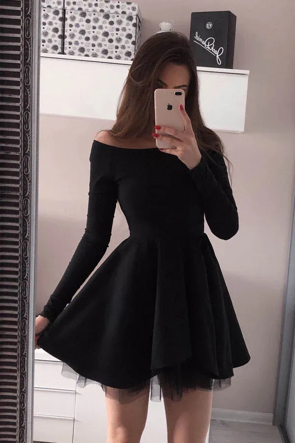 A-Line Off Shoulder Long Sleeve Mini Homecoming Dress
