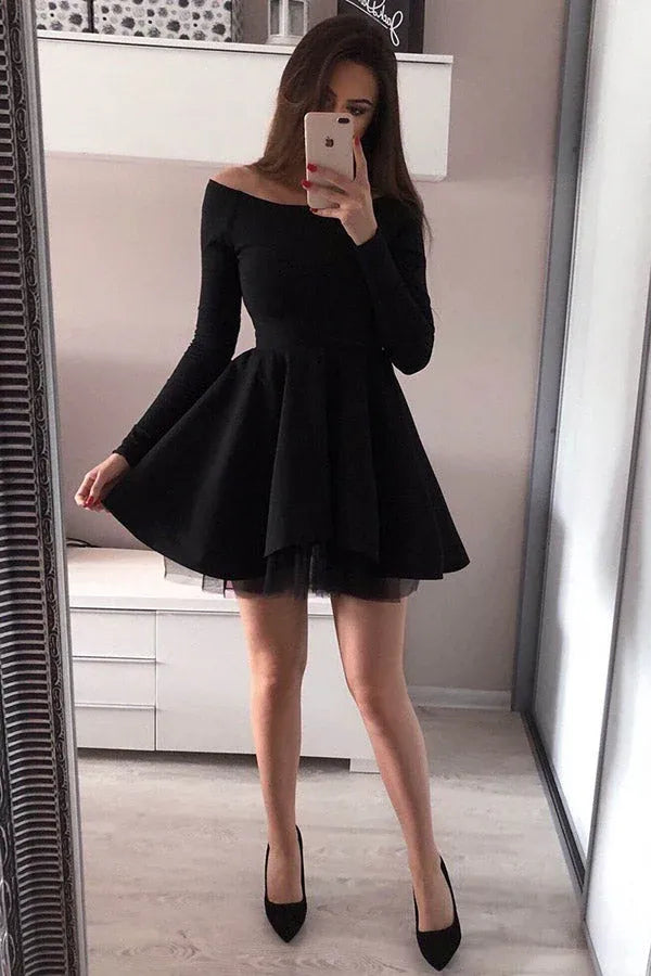A-Line Off Shoulder Long Sleeve Mini Homecoming Dress
