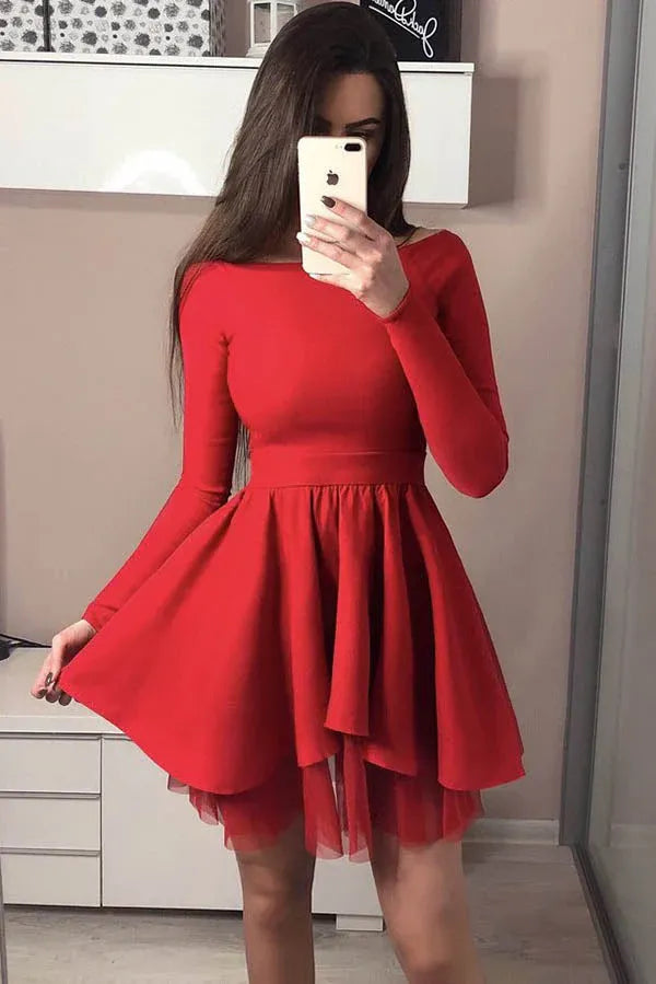 A-Line Off Shoulder Long Sleeve Mini Homecoming Dress