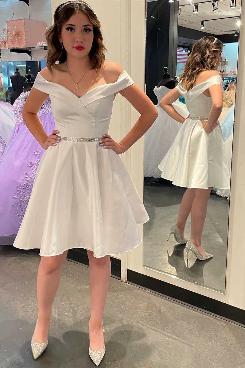 A-Line Off Shoulder Sleeveless Mini Homecoming Dress