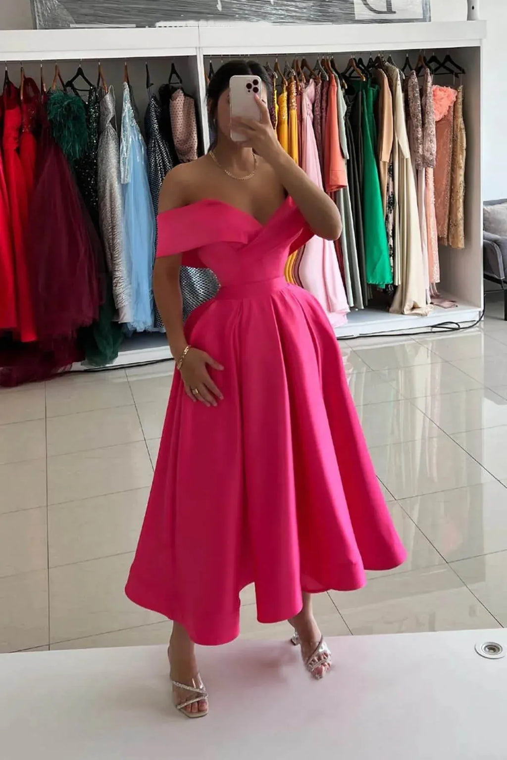 A-Line Off Shoulder Sleeveless Tea-Length Homecoming Dress