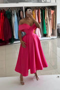 A-Line Off Shoulder Sleeveless Tea-Length Homecoming Dress