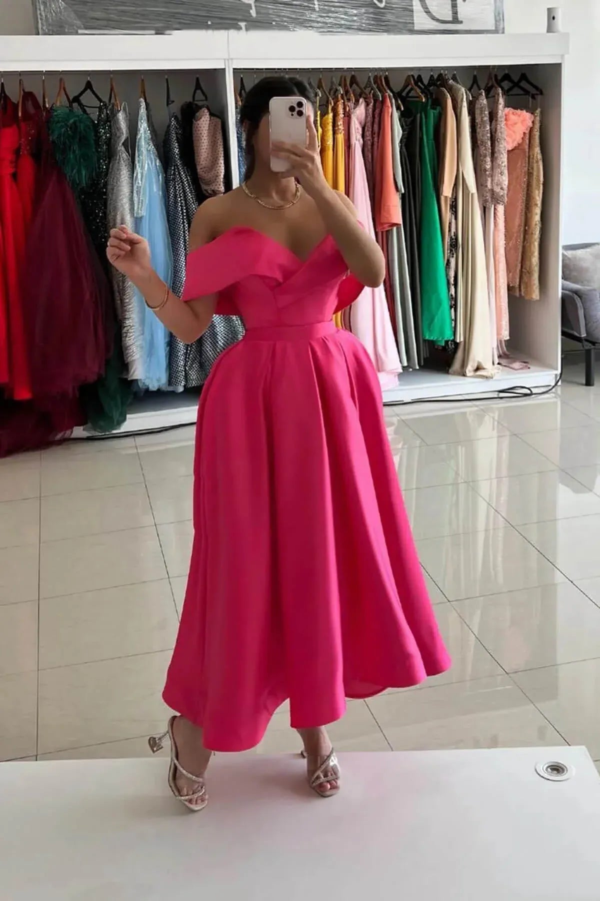 A-Line Off Shoulder Sleeveless Tea-Length Homecoming Dress