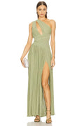 Chic A Line One Shoulder Sleeveless Cutout Detail Slit Front Floor Length Evening Dress